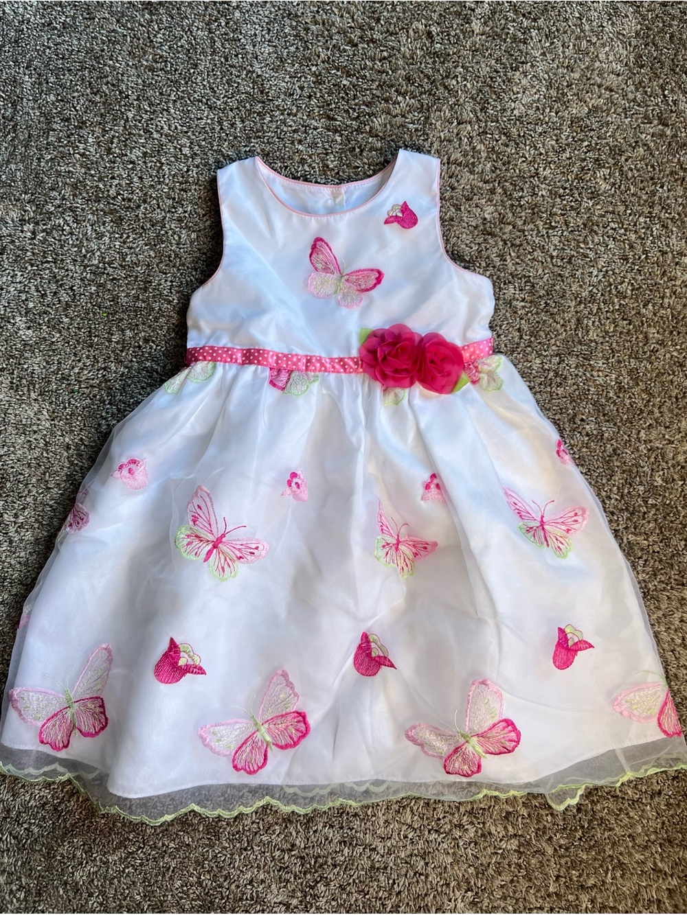 White Dress with Pink Butterfly Appliqués and Floral Waist